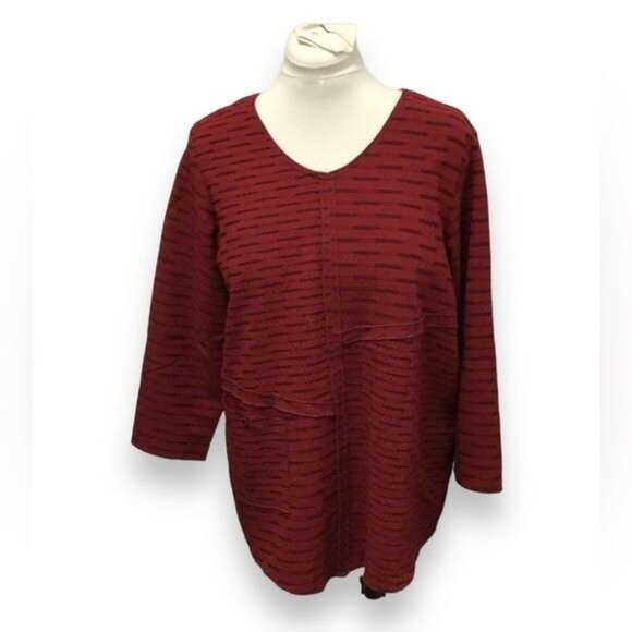 Habitat Women’s Red & Black Striped Tunic Textured Knit V-Neck Top Lagenlook M - Picture 1 of 7